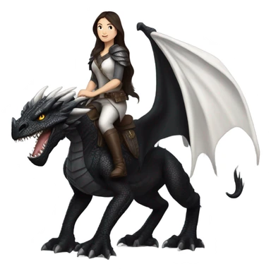 Determined and beautiful armored White Woman with dark brown long hair riding on the back of a giant black dragon sticker
