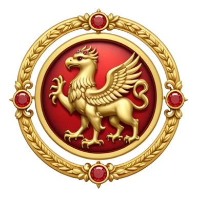Golden griffin crest / brosch in a circle with red gems and no background sticker