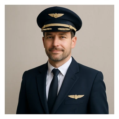 a pilot in modern airline uniform, wearing cap and tie, neutral background sticker