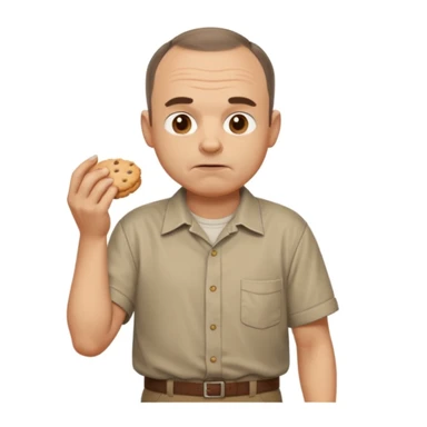 Carl from Sling Blade, full body, 3/4 angle, slouching, chin sticks out, grimacing, holding a biscuit sticker