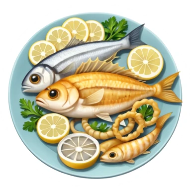 apple style ios emoji minimal round plate of assorted fried fish pescaito frito including anchovies calamari rings small whole fish with lemon wedges and parsley golden brown yellow white soft shading sticker