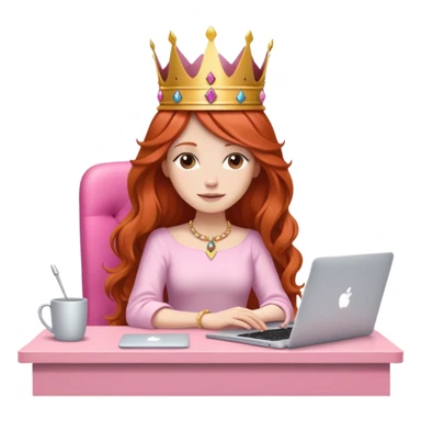 Long haired Redhead with crown on her head sat at the desk with MacBook and pink desk chair  sticker