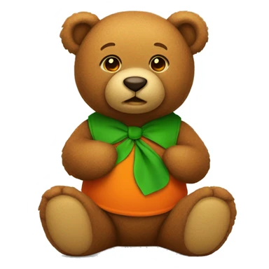 a brown sitting teddy bear wearing a green shirt with an orange irish leave  sticker