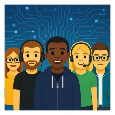 Make the group of five team members look techy by adding subtle tech accessories or backgrounds while keeping the emoji style and group pose. The style should resemble emoji style with simple, colorful, and expressive faces and poses, but with a techy vibe added. sticker