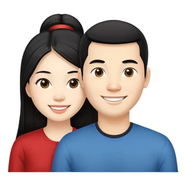 1 Vietnamese couple, the smiling man has white skin, neatly gelled undercut hair, black hair. The woman has long straight hair split 7:3 black, white skin sticker