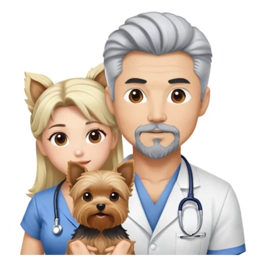 Blonde nurse with a dark haired pointy hair full goatee and muscular hot asain Korean man with one silver hair yorkie.  sticker
