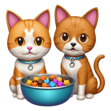 a cat and a dog eating treats from a bowl sticker