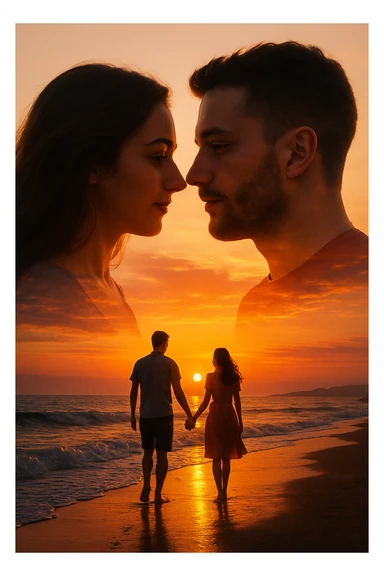 Una doppia esposizione cinematografica di noi di profilo, con un paesaggio di spiaggia al tramonto integrato nella silhouette.
La scena interna ci mostra entrambi camminare sulla sabbia bagnata, tenendoci per mano, con le onde del mare che si infrangono è facile e un cielo colorato dagli ultimi raggi di sole. Atmosfera calda e intima, toni dorati arancioni, dettagli fini ed espressivi, risoluzione 8K. sticker