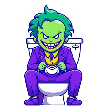 Joker villain sitting on toilet laughing maniacally, green hair, purple suit sticker