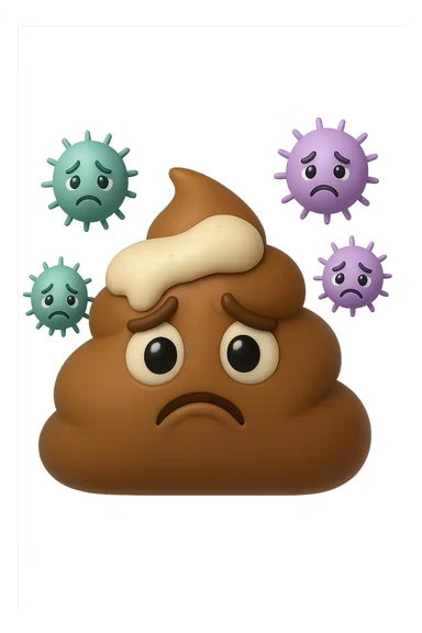 emoji stile iphone 3d di una cacca con muco bianco sopra, dietro cui fluttuano batteri intestinali tristi, iperrealistiche 4k sticker
