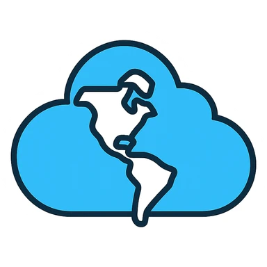 stylized cloud with subtle map of the Americas, icon style, flat design, blue and white sticker