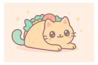 a taco cat lounging, taco shell as body, fluffy tail, pastel colors, kawaii style sticker
