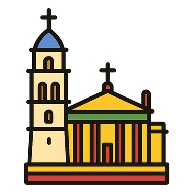 minimalist Discord role icon of Vilnius Cathedral Lithuania, clear lines, hint of Lithuanian flag colors sticker
