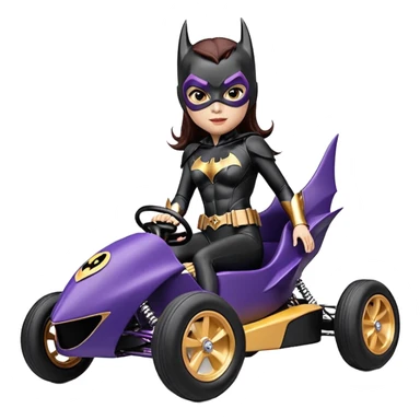 Hot full size real size-appearance electric road racing sexy BatGirl’s feminine midnight-colored tight outfit sixty’s tv show 1992 dark stealthy sporty safe plush petite off-road pursuit cruiser car rose gold accents (black hair,reclined and relaxed torso and shoulders seating position) go kart  sticker