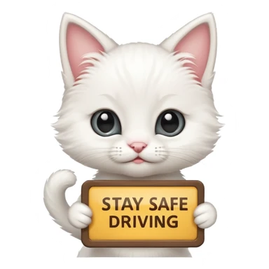 Cute White kitten with a sign that says, Stay safe driving! sticker