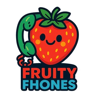 Fruity Fhones logo, a phone shaped as a strawberry, bright and friendly, for children's first phone brand sticker