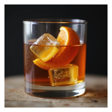realistic old fashioned cocktail in a glass with orange twist, ice, photorealistic style, transparent background sticker