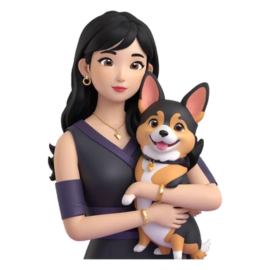 expressive emoji of an Asian girl with long black hair with wispy deep side-parted bangs, false lashes, a 3/4th sleeve tattoo on her left arm, wearing a black sleeveless leather dress with gold earrings, hugging a silly tri-color Corgi, simple emoji-like, 3D emoji style sticker