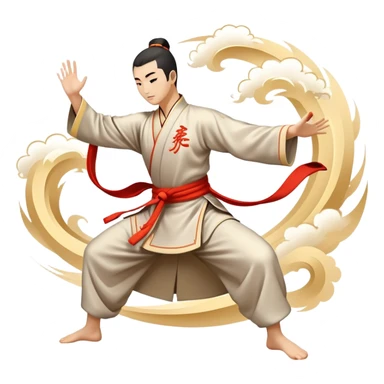 Emblem symbolizing Wushu martial arts. A graceful martial artist performs a dynamic kung fu pose, with flowing movements and a long, elegant robe. The background features stylized clouds and traditional Chinese symbols, representing fluidity, balance, and precision. Transparent background. sticker