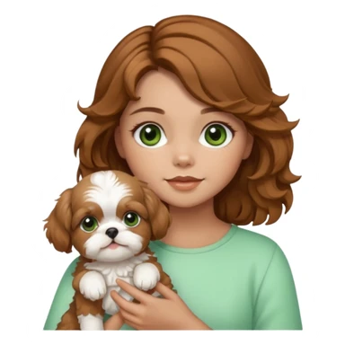 cachorro shihtzu caramelo e branco, no colo de uma menina de cabelo cacheado castanho com mechas claras e olhos verdes. sticker