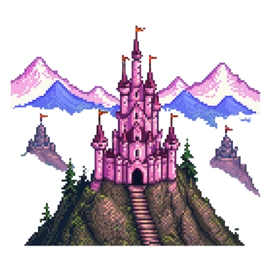 charming pink castle with towers on a mountain peak, pixel art, adorable and intricate, bright and cheerful, fantasy setting sticker