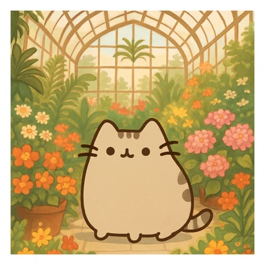 beige pusheen kitten in a botanical garden greenhouse filled with flowers sticker