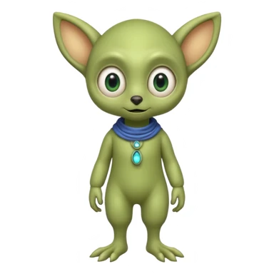 full body cute peacefull alien furry with 2 legs and eye stalks stands upright and looks intelligent ...wears clothing. not green..looks happy and cudly... doesnt have eyes on face, there is a stalk coming from top of head with a single large eye sticker