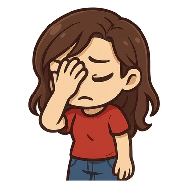 chibi emote of a woman in a red t-shirt and jeans, facepalming, no headband, no sparkles, no wand, transparent background sticker
