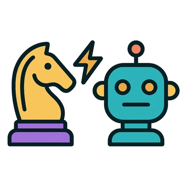 icon showing a chess knight piece symbolizing strategy facing a stylized robot head symbolizing AI with a subtle lightning bolt or digital connection between them in a modern clean style sticker