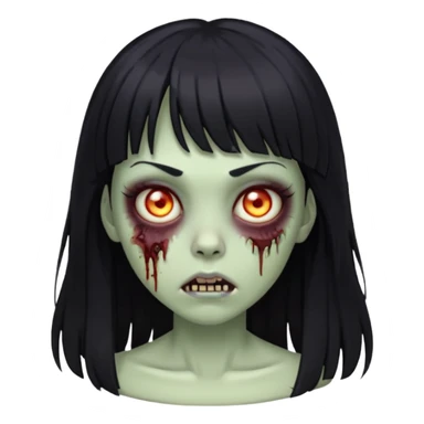 zombie girl emoji with black hair, bangs, long hair, and glowing eyes sticker