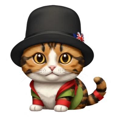 tortoiseshell cat with a british hat. mostly black and brown sticker