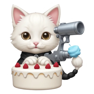 реалистичный белый котенок стреляющий из пороховой пушки тортиком sticker