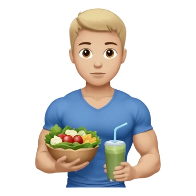 A young male person with a muscular, well-defined build. He has short dark blonde hair, a medium light skin tone, and a neutral facial expression. He wears blue cloth. He is holding a salad in one hand and a protein shake in the other. sticker
