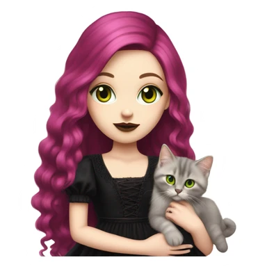 Pretty portrait of White girl. The Girl has Long Magenta Hair. Soft gothic make up and gothic dress. Holding her Cat. The cat is golden british longhair kitten with Green Eyes. sticker