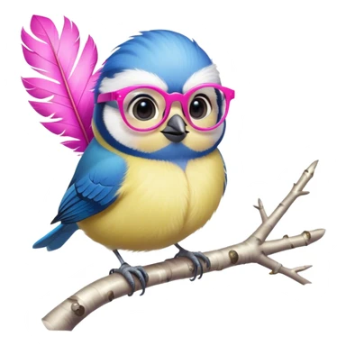 A blue tit sits on a birch tree wearing pink glasses. sticker