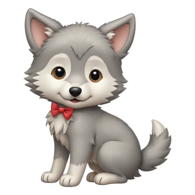 an animated gif-style sticker emote of a wolf puppy in a play bow wagging its tail in a smooth, natural arc over its back  sticker