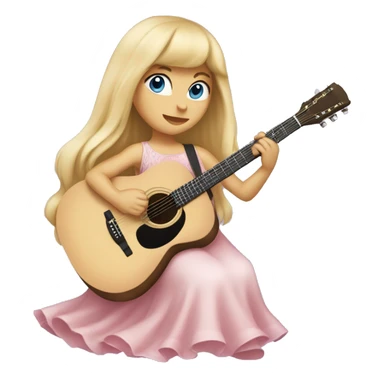 Girl with long blonde hair and bangs, blue eyes, wearing a baby pink long dress, playing acoustic guitar  sticker