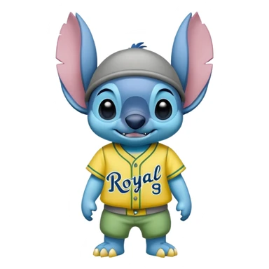 Stitch with a yellow and green baseball tenue and the name royal greys sticker