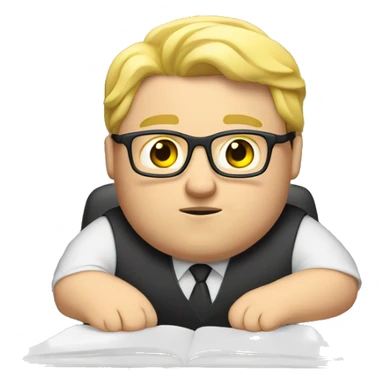A fat guy with blonde hair and glasses sitting at a computer doing schoolwork sticker