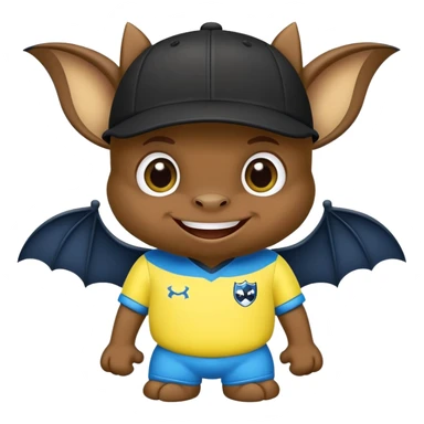 Cheeky little bat mascot for FC Rostov football club, wearing black goalkeeper cap like Lev Yashin, in yellow and blue team colors, mischievous expression, cute bat with big smile sticker