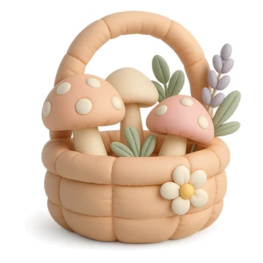 basket full of forest goodies including mushrooms, herbs, flowers in soft pastel colors, cushion style sticker