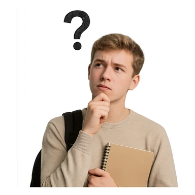 realistic style student thinking about a question, with question mark above head, thoughtful pose sticker