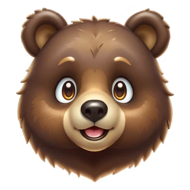 Cinematic Cute Bear Portrait Emoji, Head tilted playfully and inquisitively, featuring a glossy dark brown fur with a natural sheen and round, sparkling eyes filled with gentle curiosity, Simplified yet irresistibly adorable features, highly detailed, glowing with a warm, friendly glow, high shine, affectionate and mighty, stylized with a touch of woodland whimsy, bright and endearing, soft glowing outline, capturing the essence of a mischievous yet loving bear, so playful it feels like it could amble out of the screen and into your arms! sticker