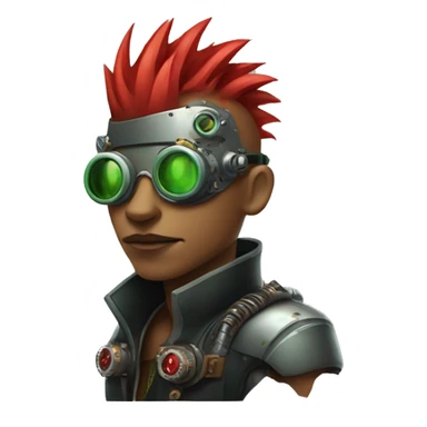 Male cyborg with thin red Mohawk and green steampunk goggles sticker