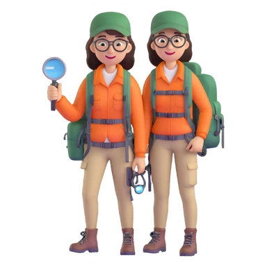 Happy female explorer with glasses, hiking outfit, backpack, holding a single magnifying glass sticker