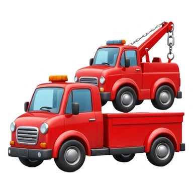 A 3D cartoon red tow truck pulling a small car, bright daylight, simple road background, Memoji-style realism. sticker