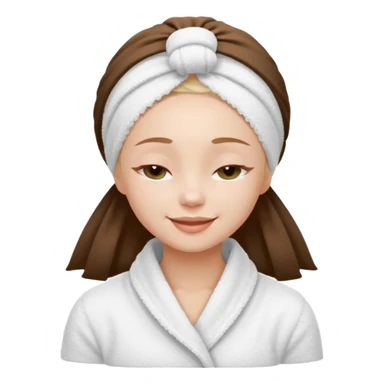 cute girl with her eyes closed and smiling, wearing a white spa towel as her clothes in she has a white spa towel on her head, white face skincare sticker