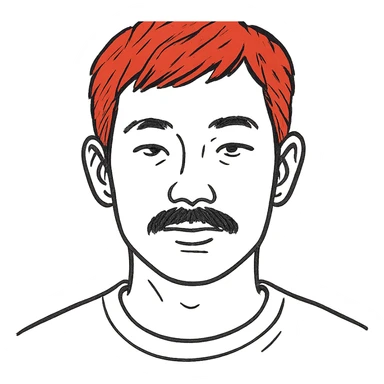 Asian man with black mustache and red hair, hand-drawn outlined style sticker
