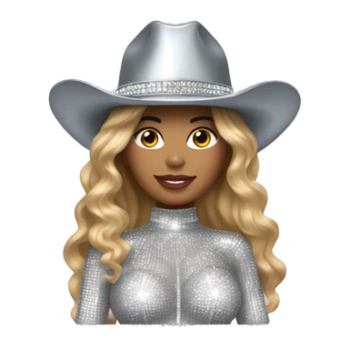 beyoncé in a silver crystal outfit wearing a silver crystal cowboy hat sticker