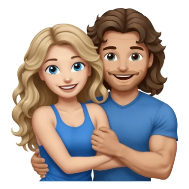 Women with blue eyes and very long, brown blond balayage curled hair in the arms of a man with strong arms a straight face, a very sexy man blue eyes. They are laughing at each other. He has dark brown hair: A fade haircut down to skin and is light skinned  sticker